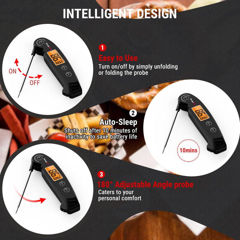 TempPro TP605 Instant Read Meat Thermometer for Cooking, Waterproof Digital Food Thermometer with Large Backlit LCD, Kitchen Thermometer for Grilling, Smoking & Candy Making (Previously ThermoPro) Black