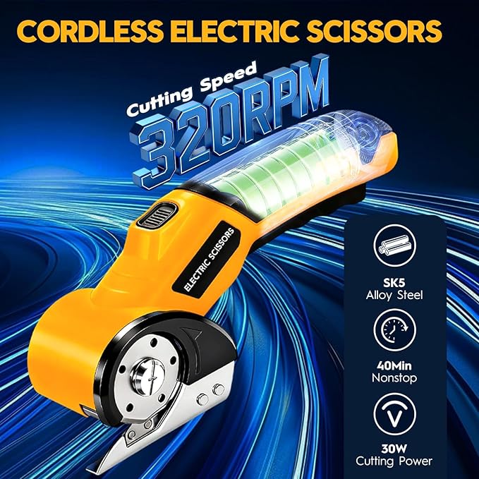  [AUSTRALIA] - 2026 New 3000mAh Cardboard Box Cutter with 2 Titanium Blades, Cordless Electric Scissors with Safety Lock & LED Light, Storage Box, 300RPM, 4V, Cutter for Fabric Carpet Carton Plastic Leather Cloth Yellow-orange 2