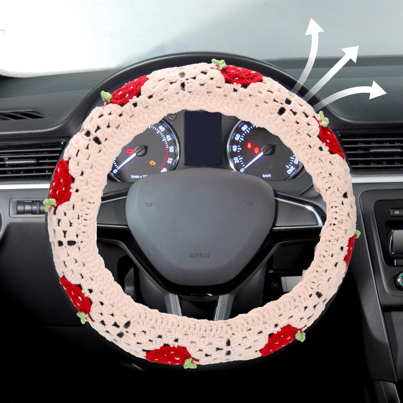 Crochet Steering Wheel Cover Set Women 14-15in, Handmade Granny Square Seat Belt Covers, Boho Strawberry Car Accessories Fit Vehicles, Sedans, SUVs, Vans CSWCS (Single Wheel Cover) Single Wheel Cover