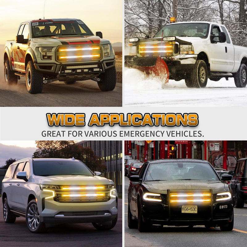 XRIDONSEN 2PCS 30 inch Truck Grill Lights Strip 360 LED Strobe Lights Amber White Grille/Tailgate/Rear window Emergency Flashing Warning Safety Caution Lights for Tow Plow Trucks Construction Vehicles Amber/White