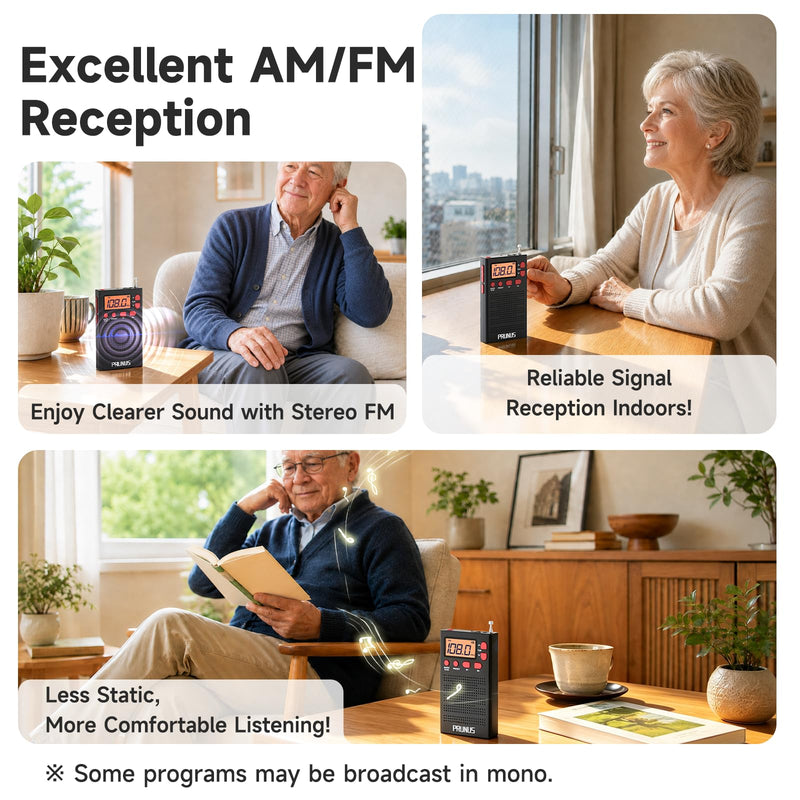 PRUNUS J-125 Pocket AM FM Radio Portable Mini Radio with Stereo Earphone | Battery Operated Radio by 2 AAA, Manual Preset, Lock Key, Walk man Radios Digital Radio for Hiking, Travel