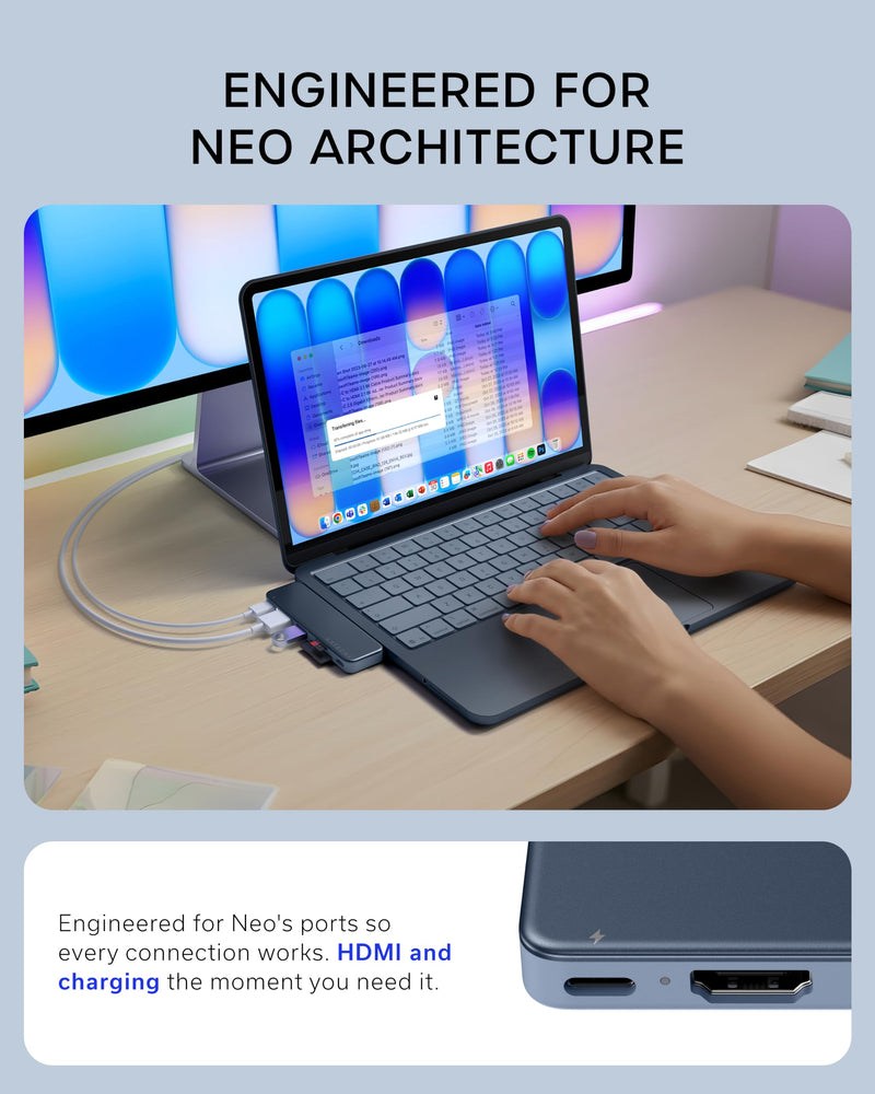 Satechi 6-in-2 USB-C Snap Hub, 4K/60Hz HDMI, for MacBook Neo, Indigo | USB hub, 45W PD pass-through charging, SD & microSD card readers, 5 Gbps Type-A/Type-C data, for MacBook Neo