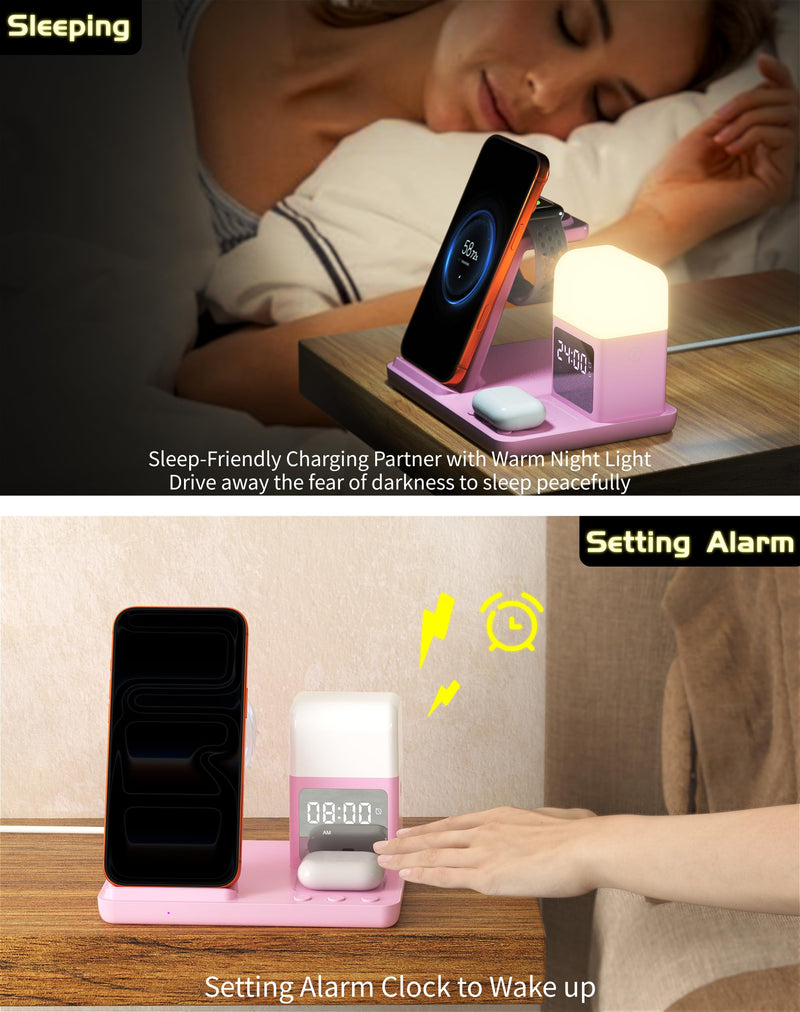 Wireless Charger for iPhone, 6in1 Fast Phone Charger Stand Dock Alarm Clock Night Light, Wireless Charging Station for Apple Watch, for Airpods 3/2/Pro, for iPhone 17/1615/14/13/12/11/Pro/Max (Pink) Pink