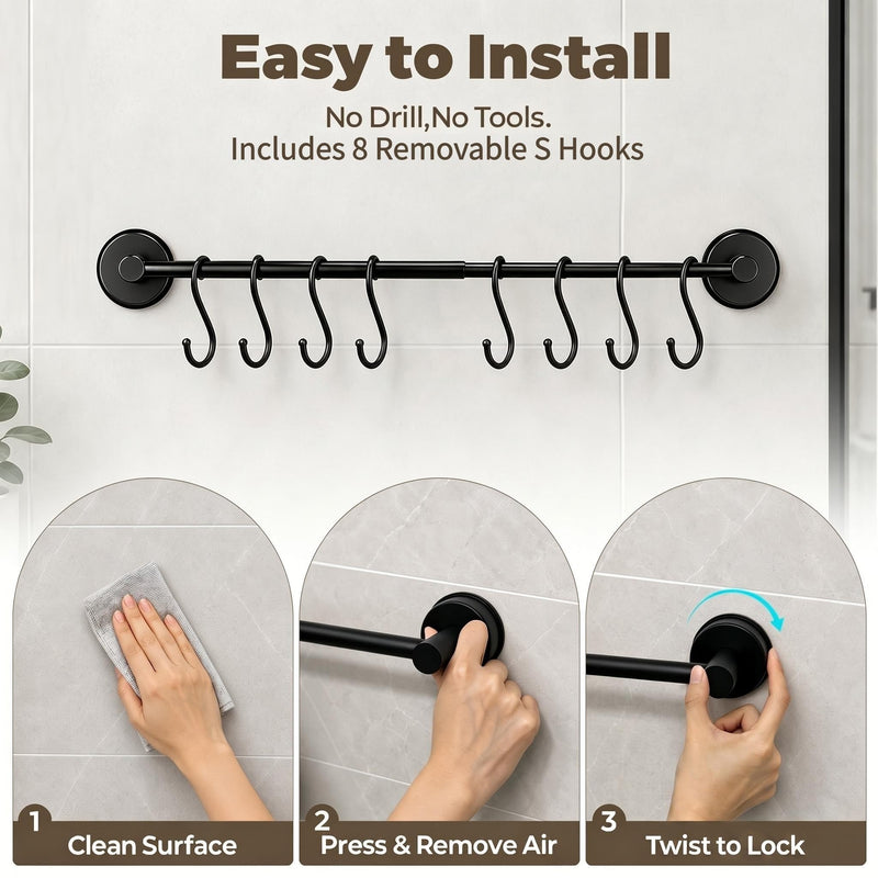 Adjustable Suction Cup Towel Bar – Towel Racks for Bathroom, 13.6-25 Inch, 2 Pack Stainless Steel Bathroom Towel Holder with 8 S Hooks, No Drill for Kitchen, Shower & Smooth Surfaces – Black