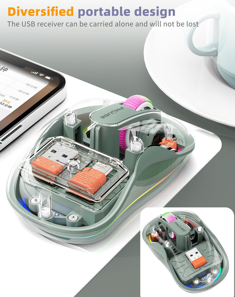 Interesting Transparent Bluetooth Mouse with USB & Type-C Two Receiver, Small Portable Silent Wireless Mice with RGB Lights for MacBook/pc/iPad/Laptop and Office Trip Green