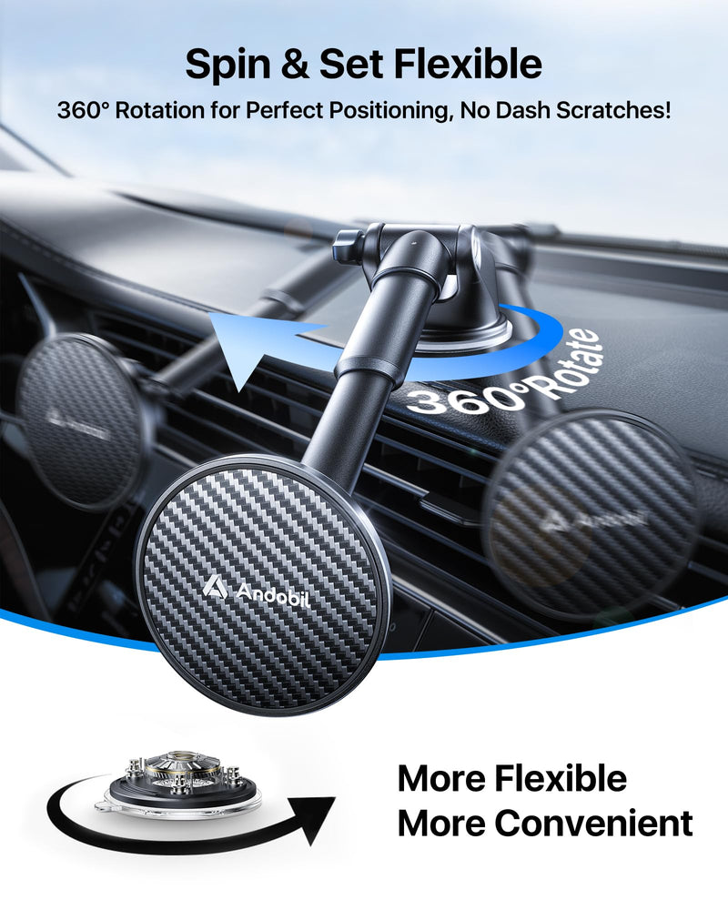 【Military-Grade】andobil 3 in1 Magnetic Phone Holder for Car Dashboard Windshield Vent 【Upgrade Suction & Strongest Magnet】Retractable for MagSafe Car Mount Mats for iPhone 17 16 15 14 Pro Max Sumsung dashboard-black