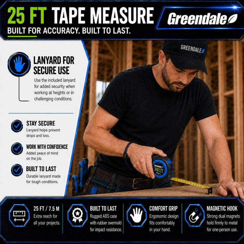 Greendale – 3 Pack Tape Measures 25 ft – Easy-Read Fractions, Magnetic Tip, Quick-Lock & Auto-Retract – Heavy-Duty Measuring Tape with Belt Clip – Blue 25ft