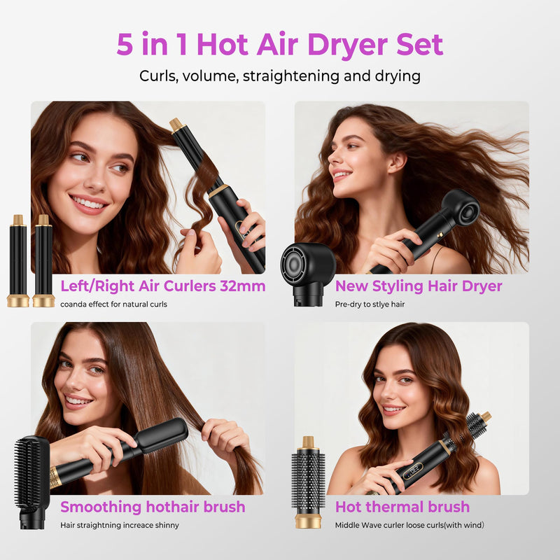 UMIGA 5 in 1 Hot Air Styler Brush Set Ionic Hair Dryer and Volumiser with LCD Display Auto Rotating Curler Straightener and Waver for All Hair Types 1000W Professional Styling Tool Blackgold