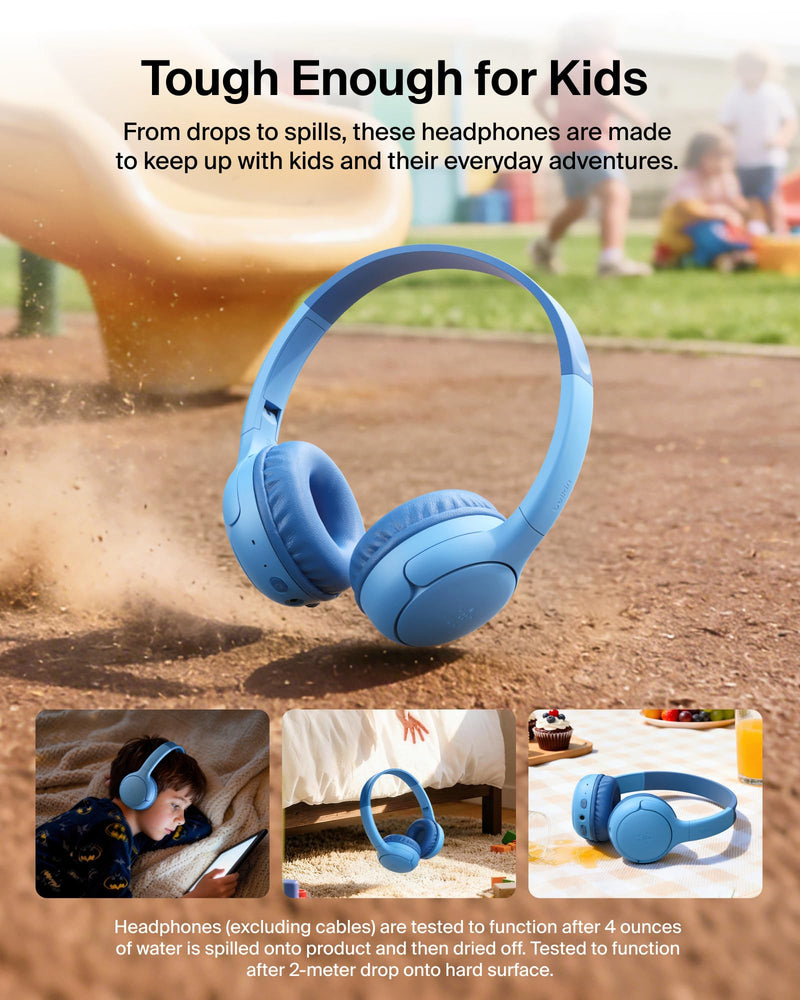 Belkin SoundForm Mini 2 Bluetooth Kids Headphones, On Ear, 55H Battery Life | Toddler headphones with Case, 85dB Volume Limit, Built-in Mic, Wired Connection Option, iPad, Android Tablet, School, Travel Blue