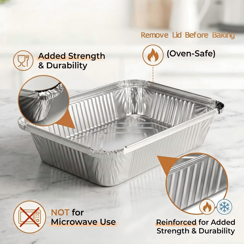 50 Pack Aluminum Pans with Cardboard Lids, 8.3"x6.2", 2.25 LB | Heavy duty disposable foil containers, trays for baking, meal prep, roasting, food storage 50 Pack Pans with Paper Lids