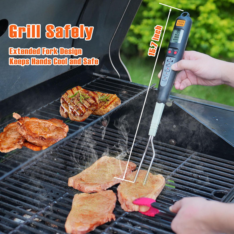 80-09 Digital Meat Instant Read Thermometer with LED Screen and Ready Alarm, Kitchen Probe with Long Fork for Grilling, Barbecue and Cookin, l, white1 updated model