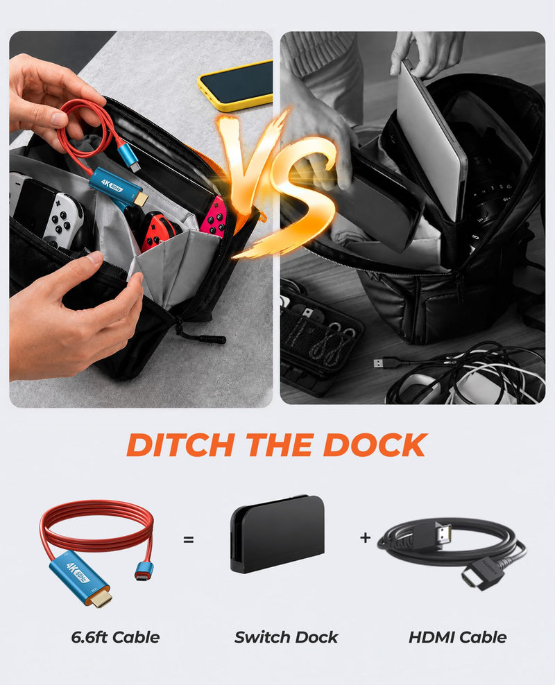 Switch 2 Dock, Switch 2 TV Adapter - 4K@60Hz Play While 100W PD Charging USB C to HDMI Adapter for Nintendo Switch Dock, 6.6ft Portable Travel TV Cable for NintendoSwitch 2/1/Steam Deck/OLED