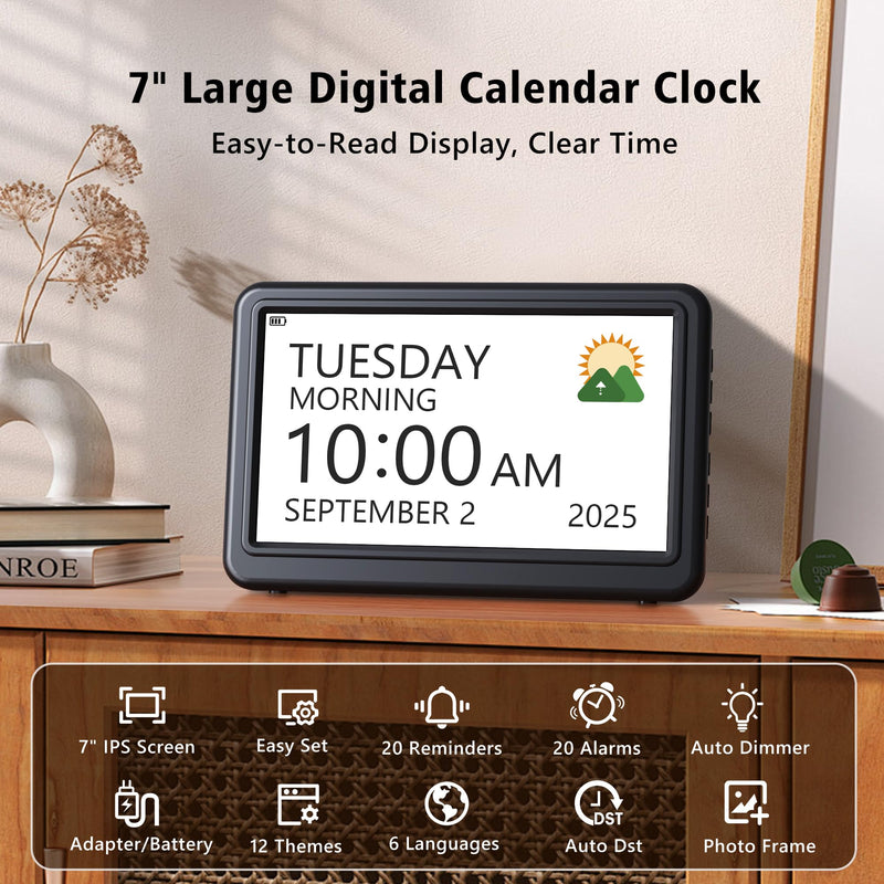 Rechargeable Digital Calendar Alarm Clocks for Senior, 7" Clock with Day and Date for Elderly, 20 Reminders & Alarms, Auto Dimmer/DST, 12 Themes, 18 Ringtones for Dementia Memory Loss, 1024*600 HD Black