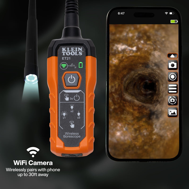 Klein Tools ET21 WiFi Borescope with Light, Inspection Camera for iPhone and Android, Waterproof Camera, IP67 Rated, Adjustable LED Lighting 5 Ft 0.22 in High Flex Snake