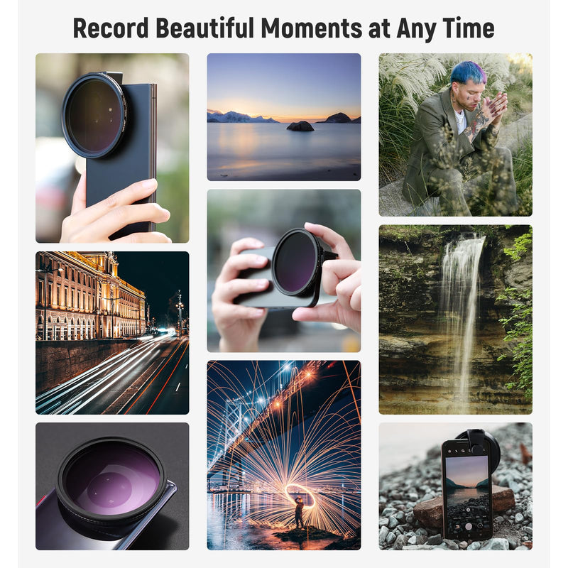 NEEWER 67mm Clip On Variable ND2-ND32 Phone Lens Filter Kit, Phone Clip with Threaded Adapter Ring/Cold Shoe/Locking Knob, HD Variable ND Filter for iPhone 15 Pro Max 14 13 Galaxy S22 S23 S24 Ultra