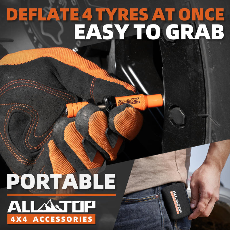  [AUSTRALIA] - ALL-TOP Adjustable Auto-Stop Tire Deflator Valve Kit (10-30PSI) 4 PCS Tyre Air Down Tool with Screw-On Back-up Valve Caps for Offroad 4x4 (2nd Gen) Orange