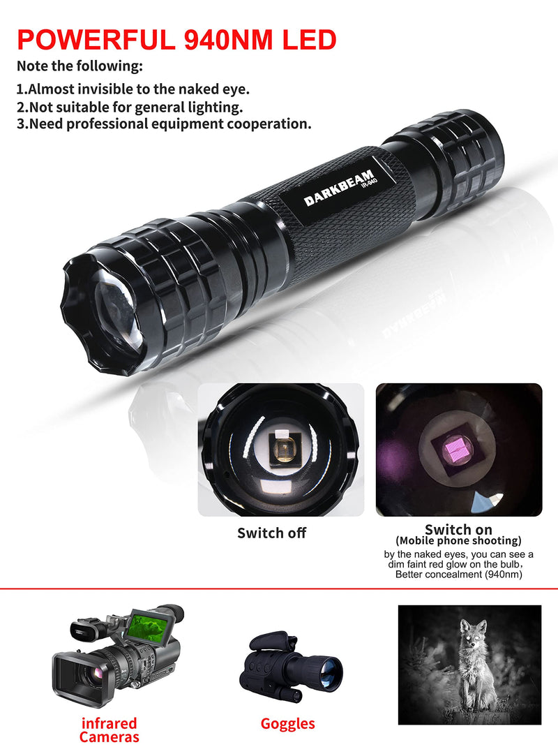 DARKBEAM ir Flashlight Infrared 940nm Lights LED Mini for Night Vision, Rechargeable Portable Tactical ir Illuminator Torch, Focus Adjustable for Hunting, Observation, Search 501F Infrared 940nm Light