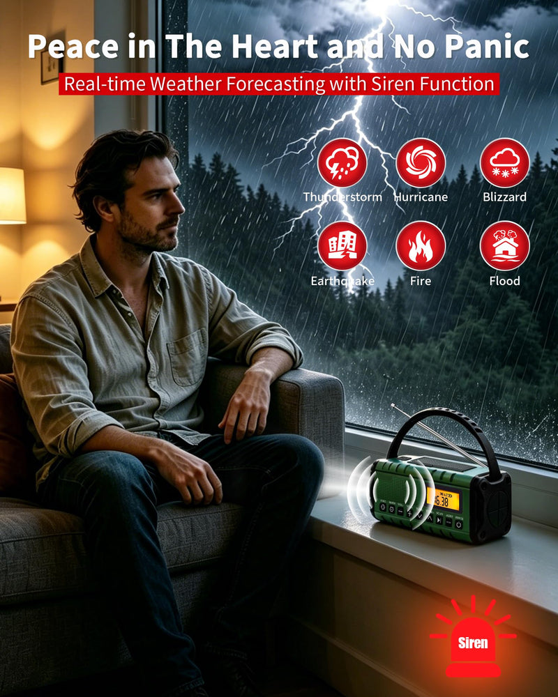 Hand Crank Radio Portable Am Fm-10000mAh/37000mWh NOAA Weather Radio | Auto Scan Emergency Radio with Flashlight,Rechargeable Battery,Solar Panel&SOS Alarm for Indoor/Outdoor Emergency Supplies Army Green