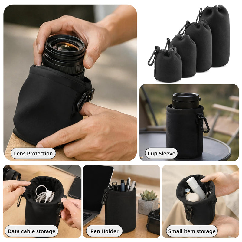 Camera Lens Bag, 4 Pack Protective Neoprene Lens Pouch with Drawstring & Carabiner, Lens Case for DSLR Camera Lens(S/M/L/XL) (XL 4pcs) XL 4pcs