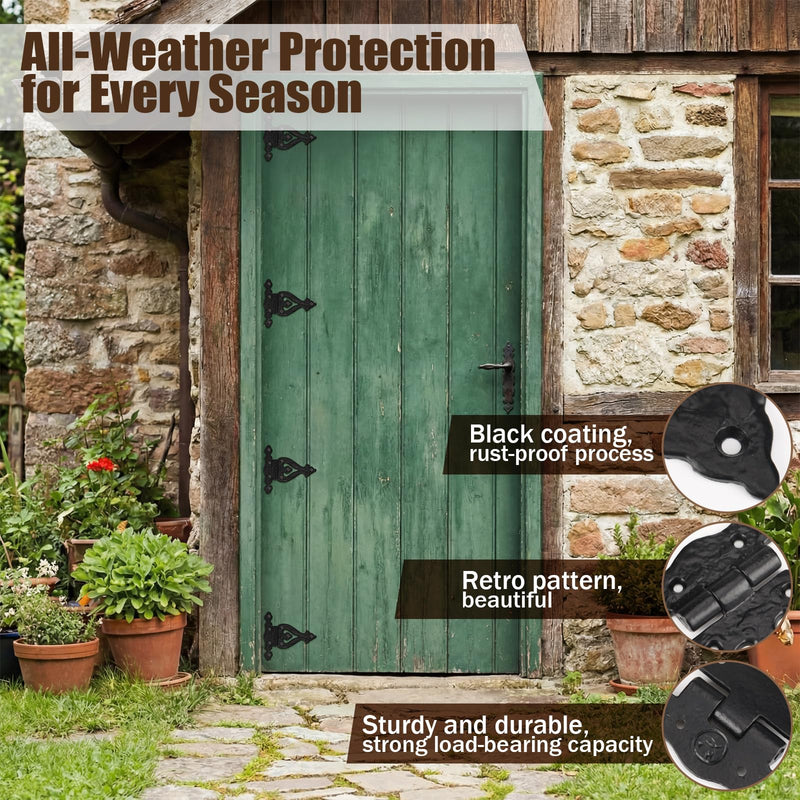 4 Pack Antique Cast Iron Vintage Heavy Duty T Hinges 5.3'' Black Powder Coated Wrought Iron Flush Mount Hinge with Hardware for Barn Door Cabinet Wardrobe Shed Window Wooden Box Chest 4
