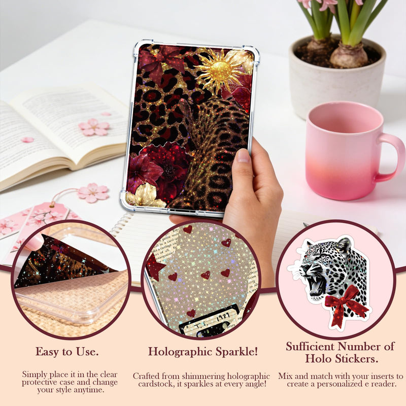 Rngmsi Insert Cardstock for Clear Case - 12Pcs Red Cherry Leopard Print Cardstock Inserts Compatible with Kindle Paperwhite 11th-12th, 50Pcs Vintage Y2K Stickers for E-Reader Clear Back Cover