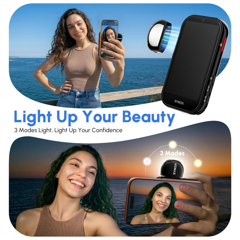 SYNCO Wireless AI Selfie Monitor Screen for iPhone 7-17 Series（Black） | AI Gesture‑Controlled Phone, 3‑Mode Fill Light, Wireless & Wired Switch Freely, 4.02″Larger Display for TikTop, Youtube Black