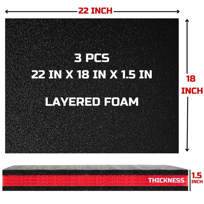 ONREVA Tool Box Foam 22x18x1.5 inch 3Pack, Foam Inserts for Cases, Polyethylene Storage Sheets for Toolbox Hard Case, Tool Shadow Insert, Kaizen Organizer Sheet, Black with Red