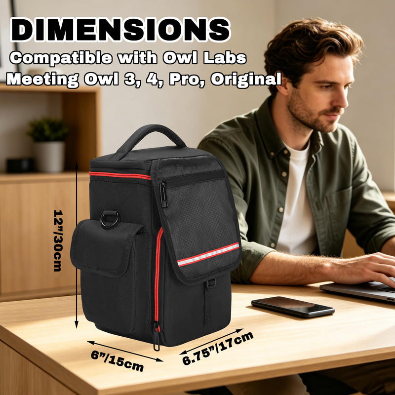 Carrying Case Compatible with Owl Labs Meeting Owl 3/4/Pro | Meeting Camera Travel Bag with shoulder strap, 8mm Padding, Side Pockets, Mesh Pockets, Top Handle, Red Reflective Strip