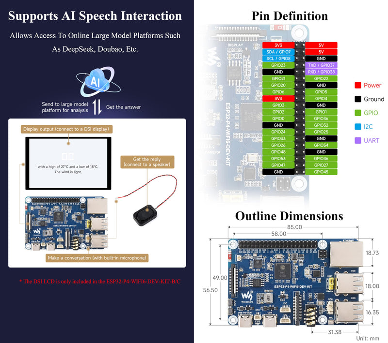 AI ESP32-P4-WIFI6-DEV-KIT Development Board, Based On ESP32-P4 and ESP32-C6, Supports Wi-Fi 6 and Bluetooth 5 / BLE 5, Rich Human-Machine Interfaces, Supports AI Speech Interaction, with Speaker