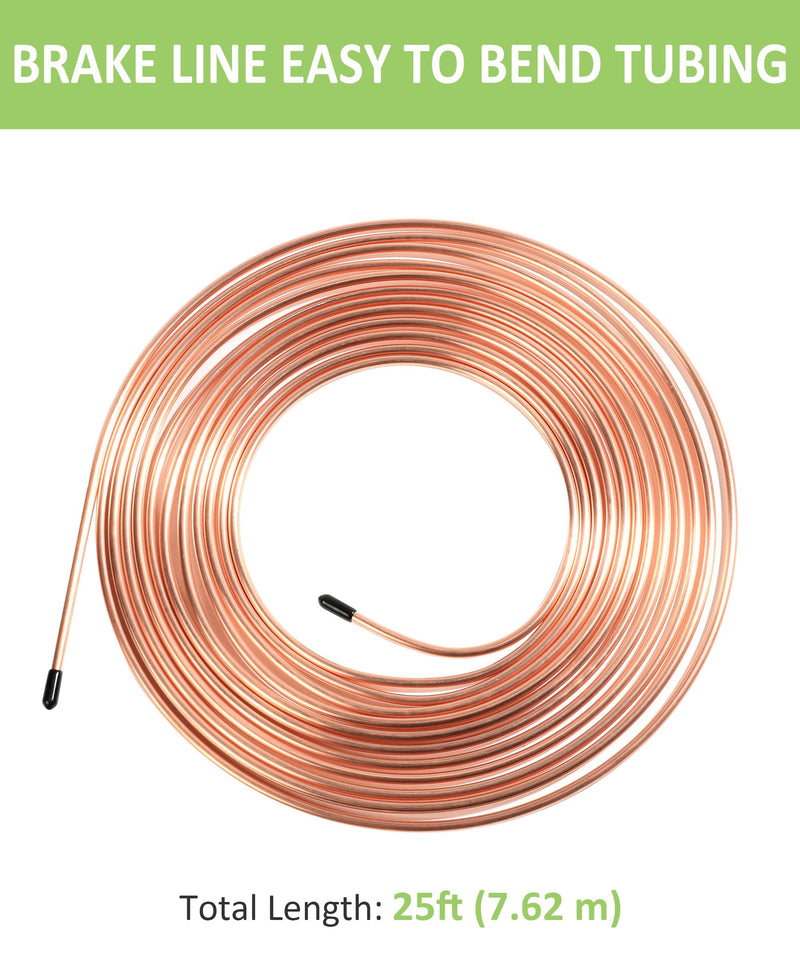 RACOONA 25Ft 3/16 Brake Line Tubing Kit,Copper Nickel Brake Line,Car Accessories Flexible Copper Coated Alloy Brake Line Tubing Coil with 16 Fittings,Fits Hydraulic Braking Systems etc. (Gold) Gold