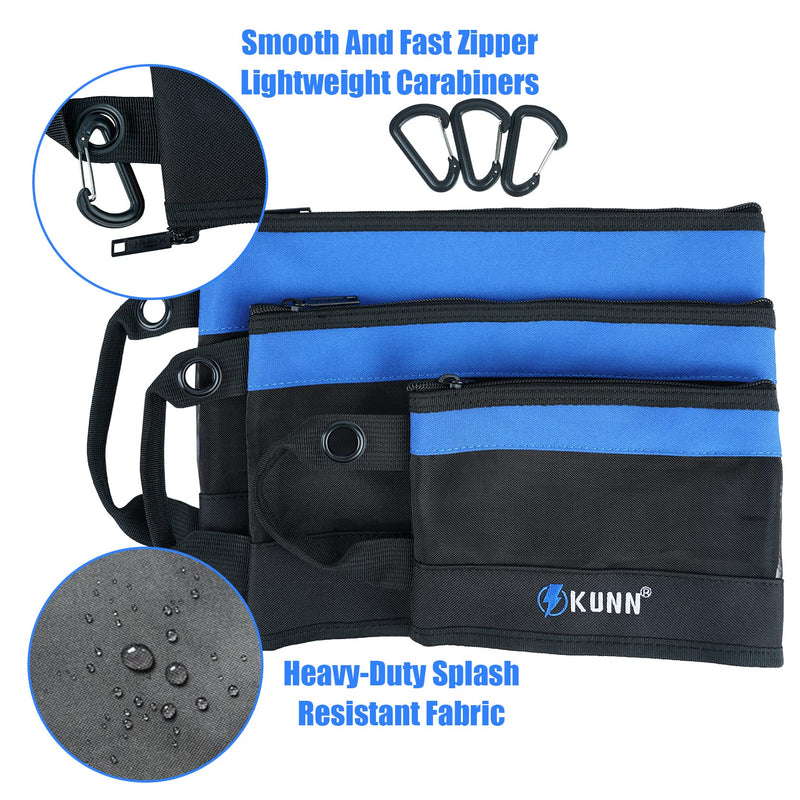 KUNN Tool Bag Zipper Pouch 3 Pack - Heavy Duty Utility Tool Storage Organizer with Carabiner for DIY,Electrician,Accessories and Travel Blue