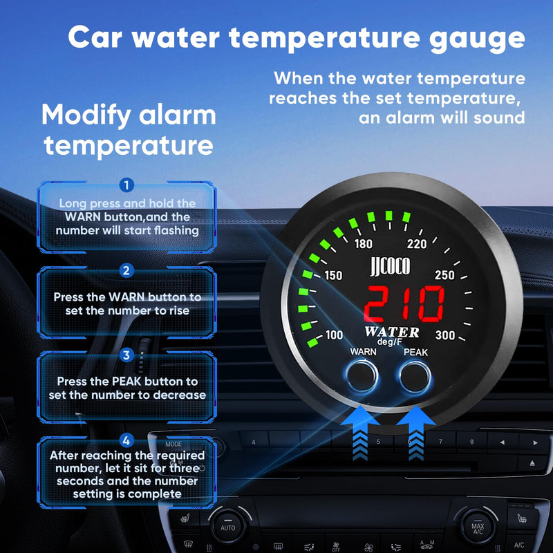 Universal 52mm Water Temperature Gauge with Alarm and 1/8 Npt Sensor Car Digital Meter Red Display Green Ambient Light Temp 100-300F(-17~187C) Green Water Temperature Gauge