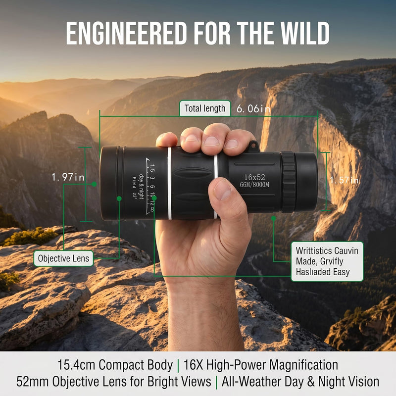 16x52 Monocular Telescope for All Ages – High Powered Compact | Waterproof BAK4 prism, for bird watching, hiking, hunting & wildlife, great gift for men dad husband, outdoor essential