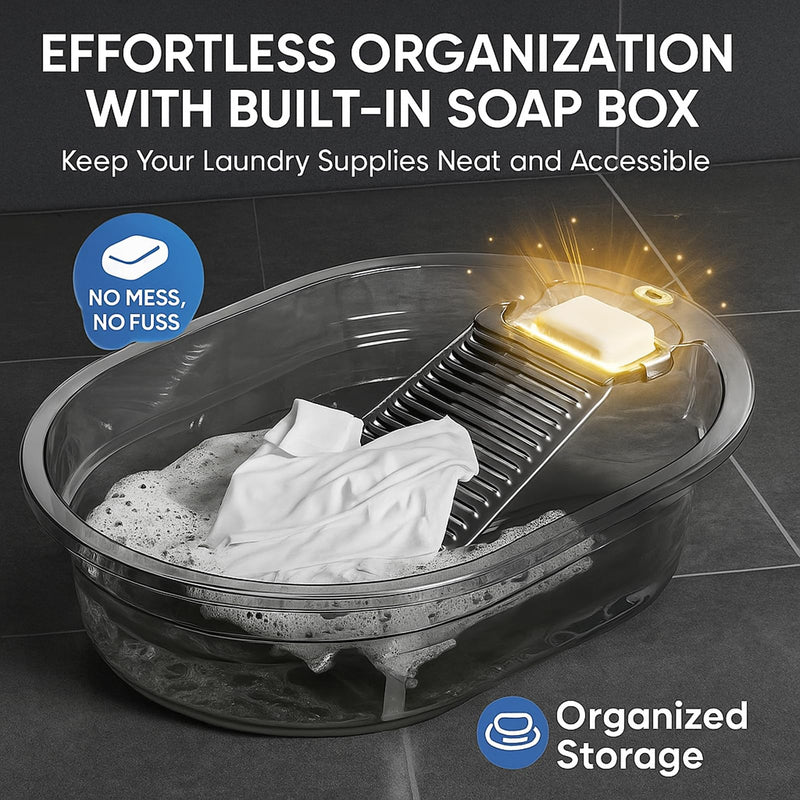 Washboard Basin for Hand Washing Clothes, 19.2" Laundry Washboard Basin with Built-In Washboard, Soap Holder & Carry Handles, Hand Wash Tub for Delicates, Baby Clothes, Apartment, Dorm, RV & Sink Use Transparent Gray 19 in
