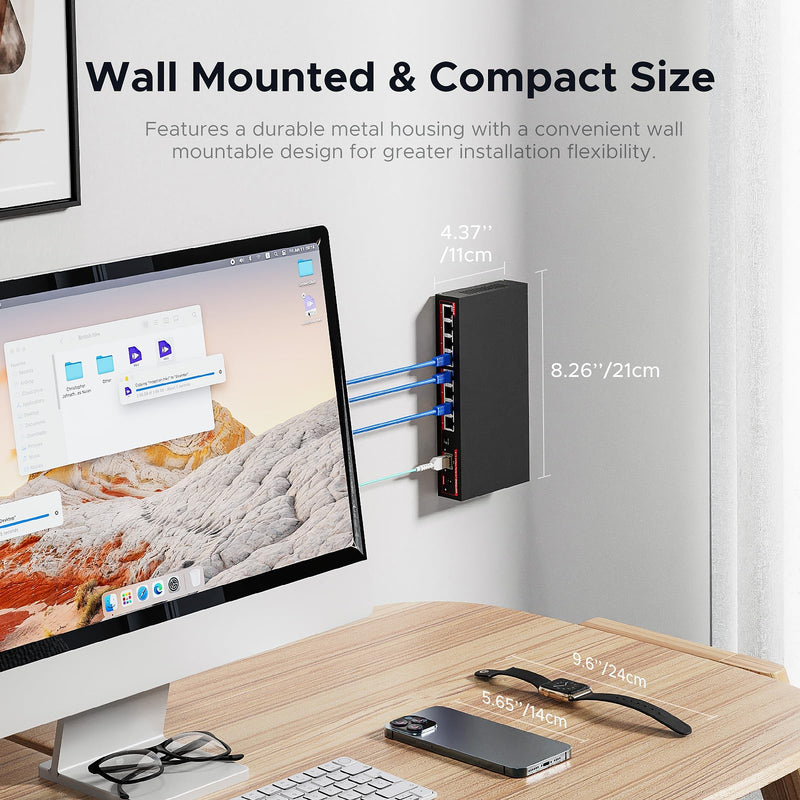8 Port 2.5G Ethernet Switch with 1*10G SFP+ Slot, 9 Ports 2.5Gb Network Swithes and 1-10Gb Multi Speed, 60Gbps Switching Capacity, One Key VLAN| Plug & Play |Fanless |Metal |Wall Mount 9-Port| 8*2.5G+1*10G SFP