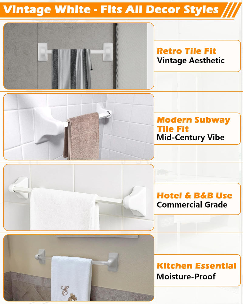 IWIWE 2 Pcs White Ceramic & Porcelain Towel Bar Brackets - Vintage Retro Towel Rack Post Holder | Mid Century Modern Bathroom & Kitchen Accessory, Flat Back, Rod Not Included