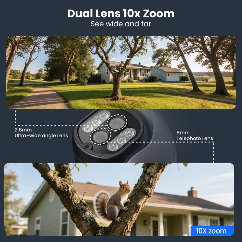 xmartO 10X Zoom Security Camera, 2K HD 24/7 Recording Security Camera System with Auto Tracking, Wireless PTZ Home Security System for Indoor Outdoor Surveillance, Motion Detection, 2-Way Audio PTZ Dual Lens Camera