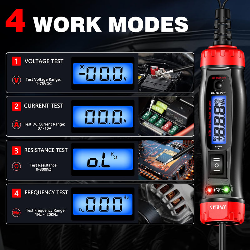 AWBLIN Power Circuit Probe Tester, 5-60V DC Digital Automotive Test Light with Voltmeter, Auto Voltage Current Relay Resistance Short Detection, Trailer Fuse Tester, Car Electrical Diagnostic Tool