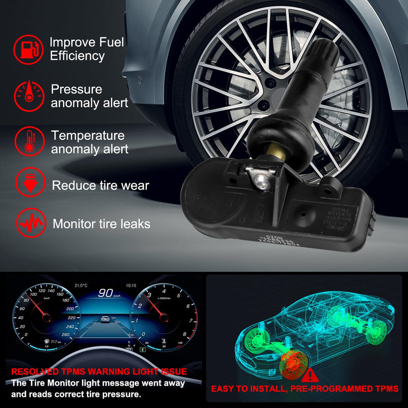 Pre-Programmed TPMS Sensor 13586335 GM 315Mhz Tire Pressure Monitoring Sensor Compatible with Chevy Silverado GMC Cadillac Buick Pontiac Saturn Hummber Saab OE#13598771 13598772 13581558 4 Pack