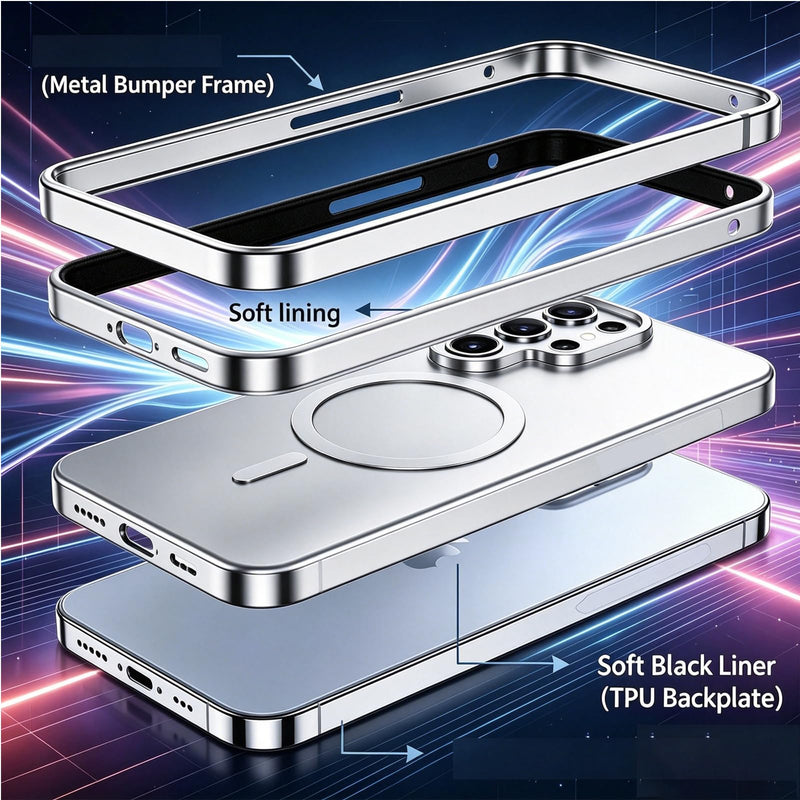 Metal Magnetic Case for Samsung Galaxy S26 Ultra Case Compatible with MagSafe Slim Aluminum Bumper Anti-Scratch Lining, Original Metal Texture Military Shockproof Cover (White) White
