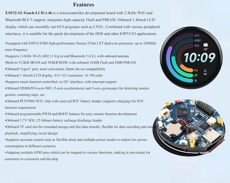 ESP32-S3 1.46inch Round Touch Display Development Board, 412x412 Pixel IPS Display, Accelerometer and Gyroscope Sensor, Onboard Speaker and Microphone, ESP32 with Display, with Protective Cover Glass