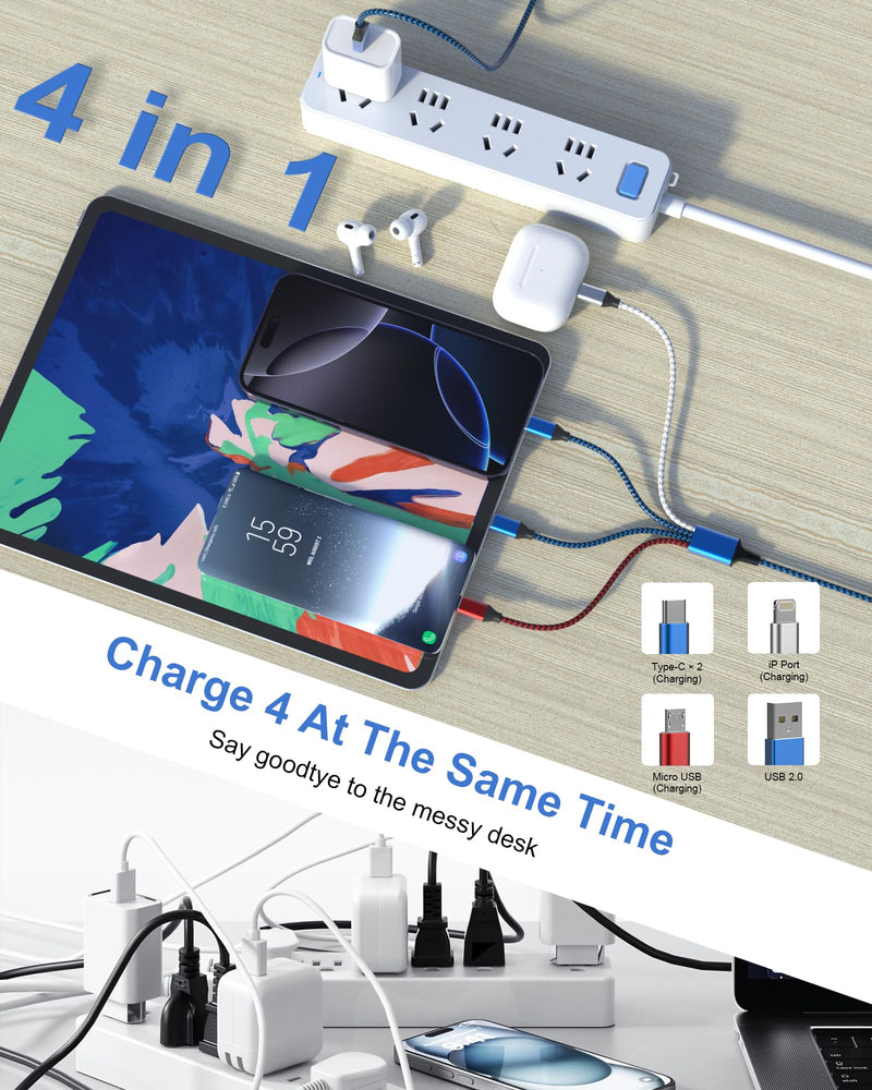 4-in-1 Multi Charging Cable (3-Pack, 6FT) - Dual USB-C, Lightning, Micro | Nylon Braided Phone Charger Cord. Universal USB Cable, Travel & Car Camping Essential for iPhone 17-8, iPad, Samsung, Android