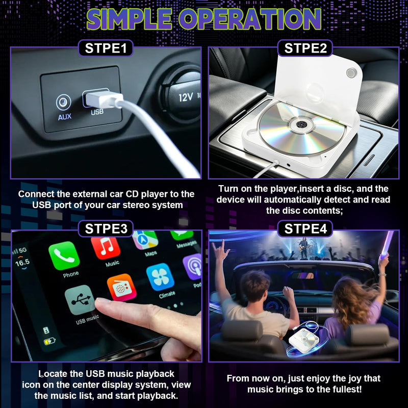 Portable CD Player for Car, External Car CD Player with USB/AUX Port | Plug & Play CD Player for Car, Anti-Skip, Shockproof, USB & AUX Compatible, Works with Car Stereo/Laptop/Desktop/TV White