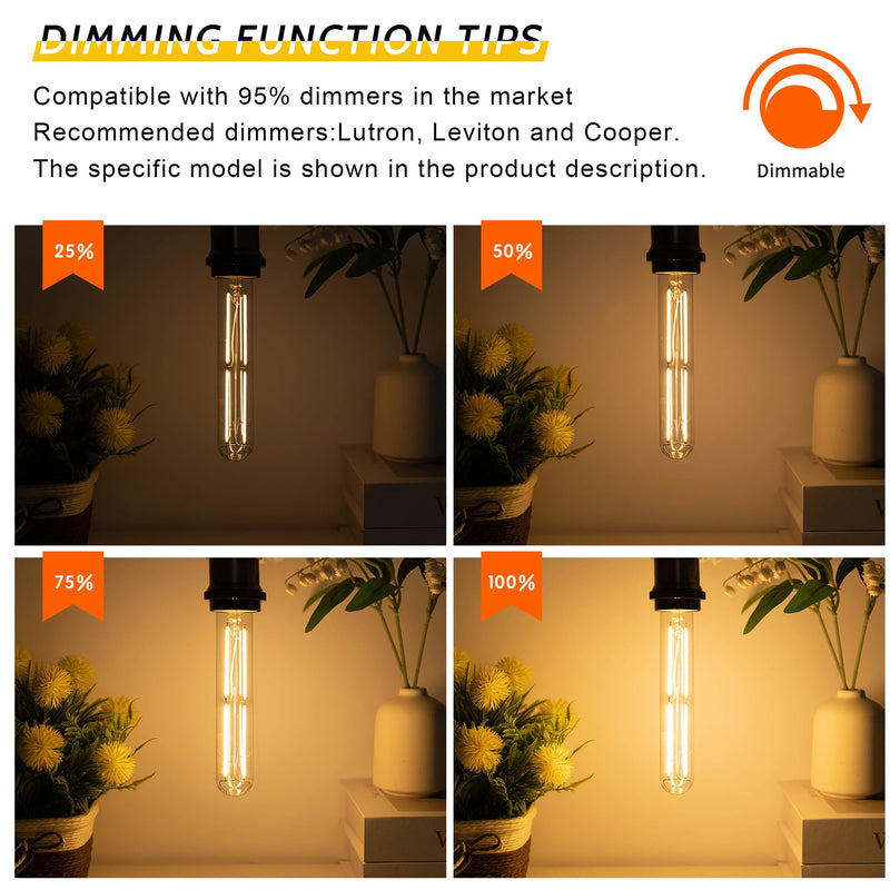 Tubular Light Bulb 7.3 Inch Dimmable T10 LED Bulb E26 6W 60 Watts Edison Bulbs 2700K Solf White,185mm Long for Wall Sconces, Pendant, Livingroom, 8-Pack T30L 8-Pack