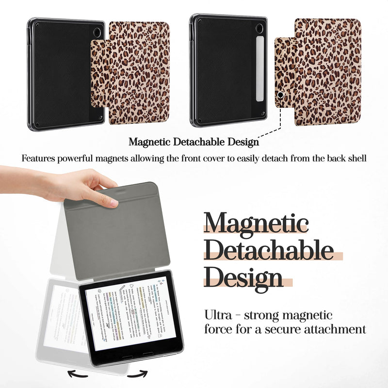 Magnetic Detachable Case for 7" Kobo Libra Colour (2024) | Magnetic Detachable, Auto Wake/Sleep, Slim PU Leather Case, Soft TPU Edge, Lightweight, For Bookish Travelers, Leopard 7" Kobo Libra Colour 2024 Released