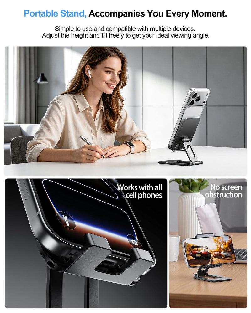 Adjustable Foldable Phone Stand for Desk, Premium Aluminum Cell Phone Holder, Portable Multi-Angle Desktop Stand Compatible with iPhone, Galaxy, iPad, Tablets & All Smartphones