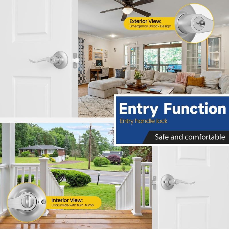 Keyed Entry Door Lever, Door Handle with Lock and Key, Exterior ＆ Interior Door Handle for Bedroom, Wave Style Lever Satin Nickel, Reversible for Left/Right 1 Pack