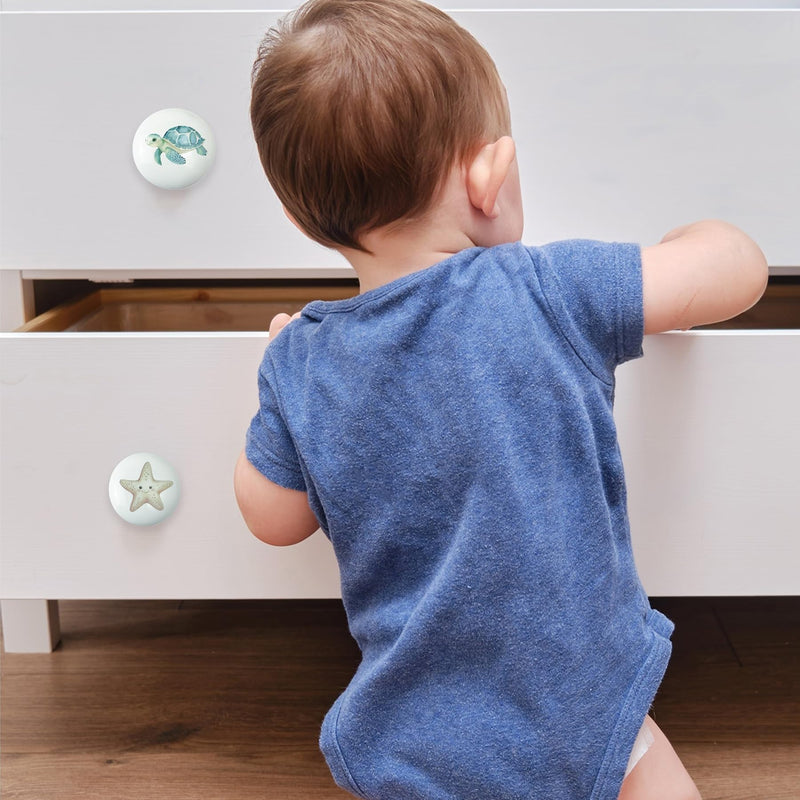 Set of 6 Ceramic Kids Nursery Fish Ocean Starfish Beachy Coastal Cabinet Dresser Drawer Door Handle Pulls Knobs 1.5 X 1.5 Inches conch