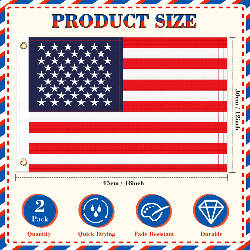 Breling 2 Pack Patriotic American Flag for Boat Bike Car Outdoor, 12 x 18 Inch Small Red White Blue USA Flag Star Marine Embroidered Sewn Banner with 2 Grommet UV Fade Resistant Waterproof Red, White, Blue