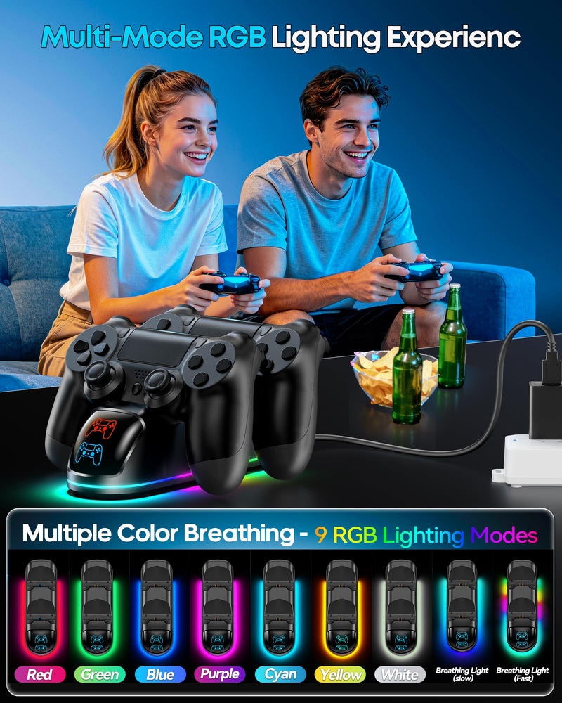 Charger Station for PS4 Controller, Dual Fast Charging Dock for PS4/Slim/Pro Dual Shock 4 Controller, PS 4 Remote Controller Charging Stand with 9 Modes RGB Light & LED Indicator PS4-6.54inch All-Black